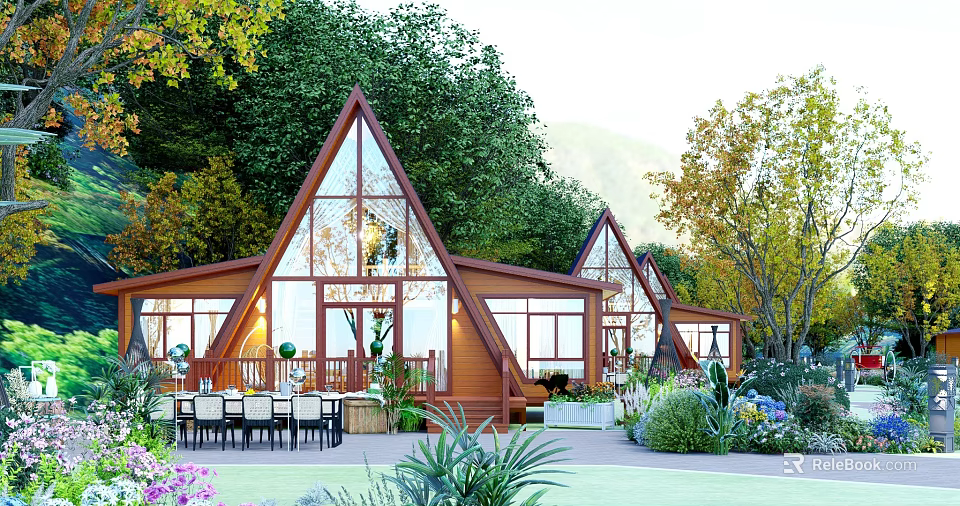 Wooden House With Triangular Roof Large Glass Windows And Garden Surroundings 3d model 