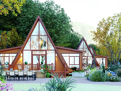 Wooden House With Triangular Roof Large Glass Windows And Garden Surroundings 3d model