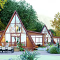 Wooden House With Triangular Roof Large Glass Windows And Garden Surroundings