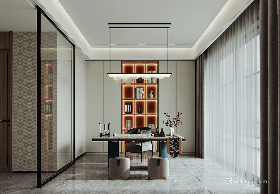 Modern Study Room Interior Design With Lit Bookshelf And Large Windows 3d model