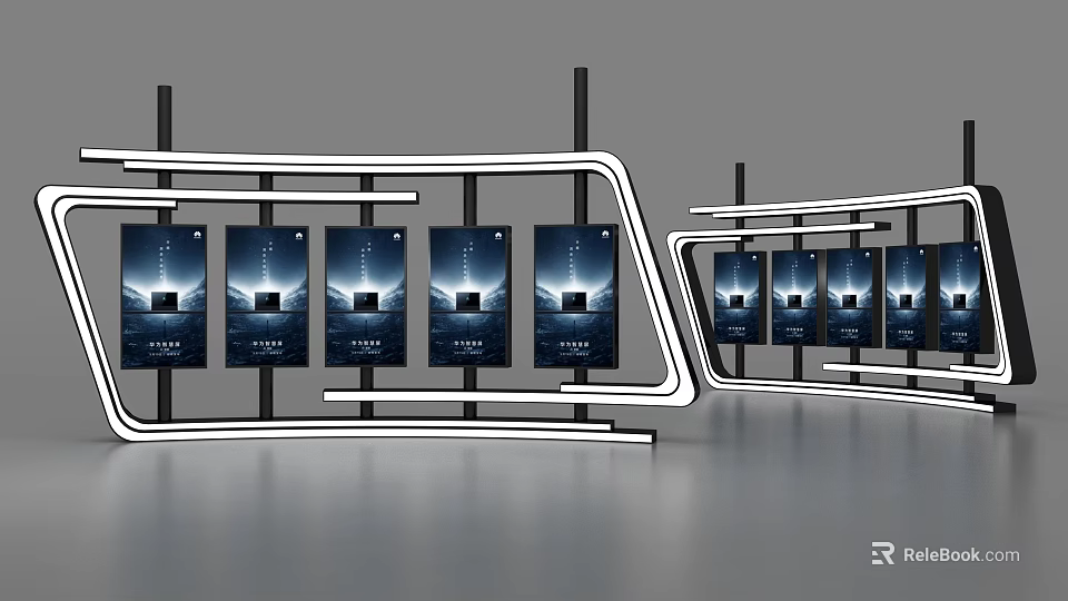Modern Background Wall With LED Strip Lights And Multiple Display Posters In Sleek Design 3d model 