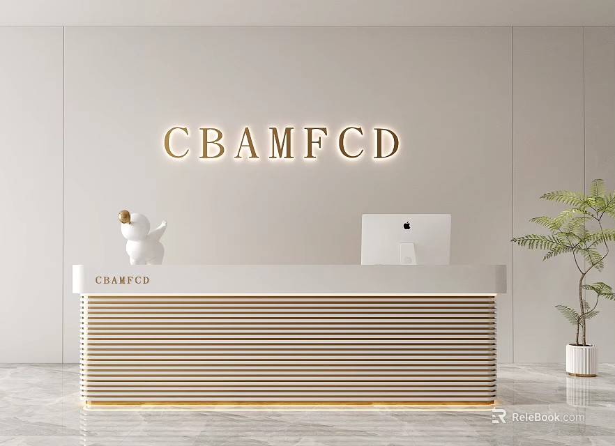 Modern Reception Desk Design With CBAMFCD Sign White Sculpture Laptop And Potted Plant 3d model 