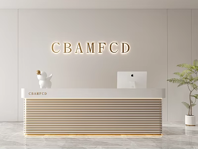 Modern Reception Desk Design With CBAMFCD Sign White Sculpture Laptop And Potted Plant 3d model