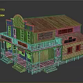 Old Western Style Wooden Building With Balcony Stairs And Vintage Signage