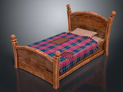 Traditional Wooden Bed With Carved Headboard Footboard Plaid Blanket And Pillows 3d model