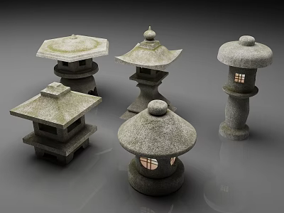 Japanese Style Stone Outdoor Lights with Various Designs Roof Like Tops and Lit Windows 3d model