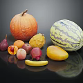 Fresh Assorted Fruits Display Including Pumpkin Watermelon Pear Peach Mango And Banana