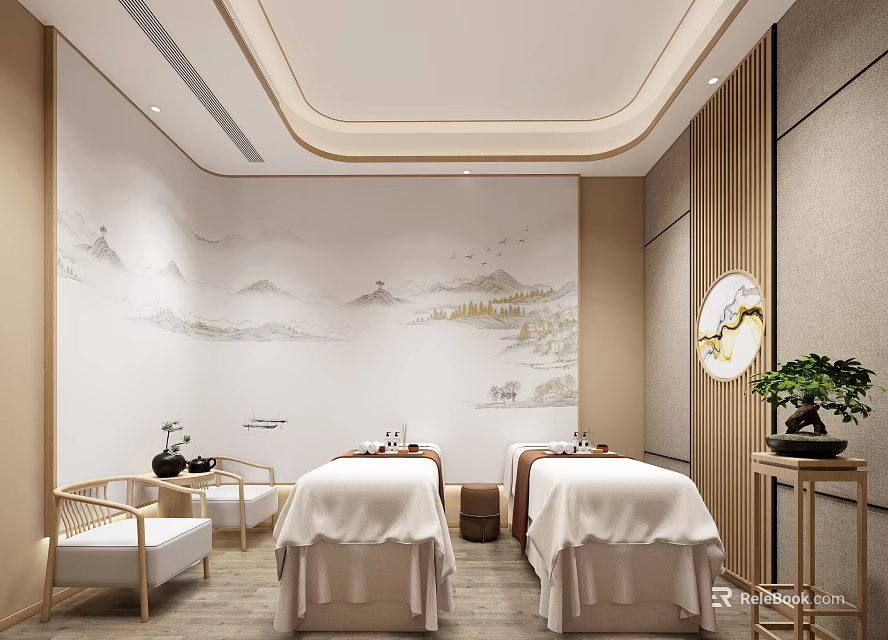 Serene Chinese Style SPA Sauna Interior With Massage Beds And Landscape Painting 3d model 