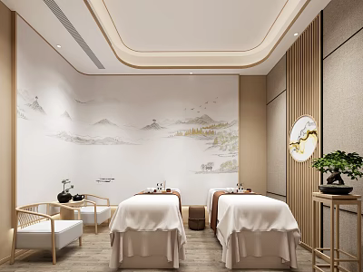Serene Chinese Style SPA Sauna Interior With Massage Beds And Landscape Painting 3d model