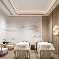 Serene Chinese Style SPA Sauna Interior With Massage Beds And Landscape Painting
