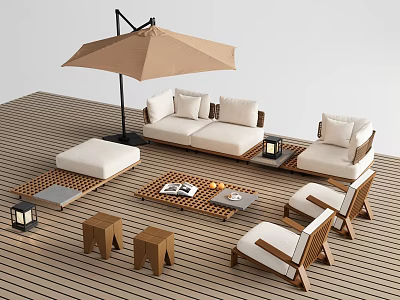 Outdoor Sofa Set on Wooden Deck with Umbrella Coffee Table Stools and Lanterns 3d model