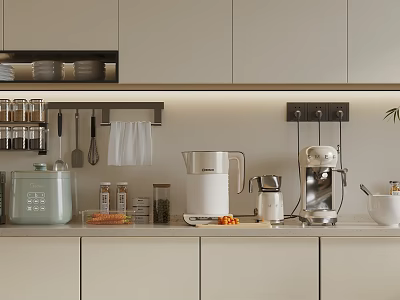 Modern Kitchen Countertop With White Cabinets Various Appliances Utensils And Ingredients 3d model