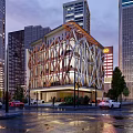 Modern Office Building With Unique Geometric Facade Surrounded By Urban High Rise Buildings