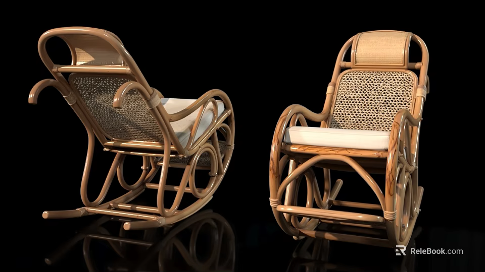 Classic Wicker Rocking Chair With Wooden Frame And White Cushion Design 3d model 