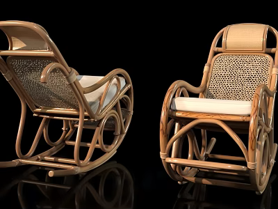 Classic Wicker Rocking Chair With Wooden Frame And White Cushion Design 3d model