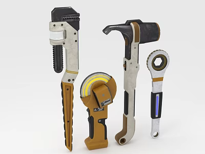Essential Hardware Tools Including Pipe Wrench Claw Hammer Tape Measure And Socket Wrench 3d model