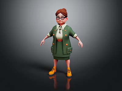 3D Cartoon Character in Green Uniform with Brown Hair Glasses and Yellow Shoes 3d model