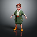 3D Cartoon Character in Green Uniform with Brown Hair Glasses and Yellow Shoes