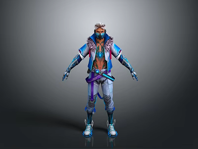 Futuristic Masked Character In Blue Purple Combat Outfit With White Hair 3d model