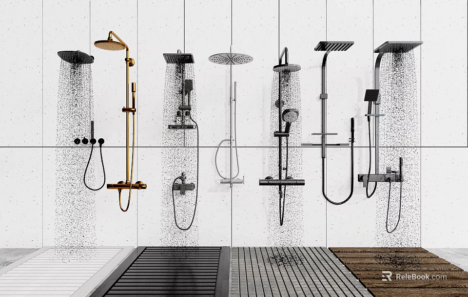 Various Shower Head Types In Modern Bathroom Design With Different Wall Mounted Styles 3d model