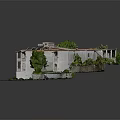 Cartoon Scene Multi Storey Building With Red Roofs And Grey Walls Surrounded By Green Trees