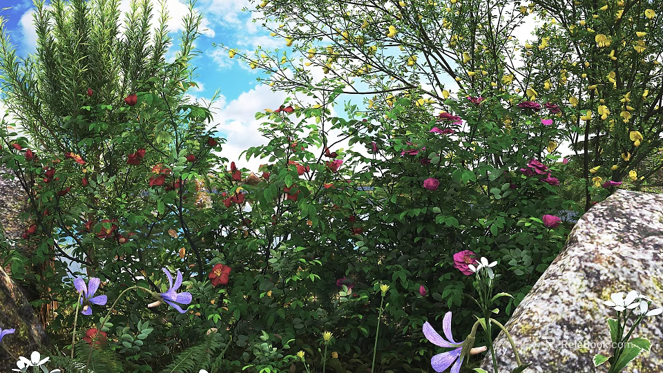 Vibrant Flowering Shrubs With Red And Purple Blooms Lush Green Leaves Against Blue Sky Background 3d model 