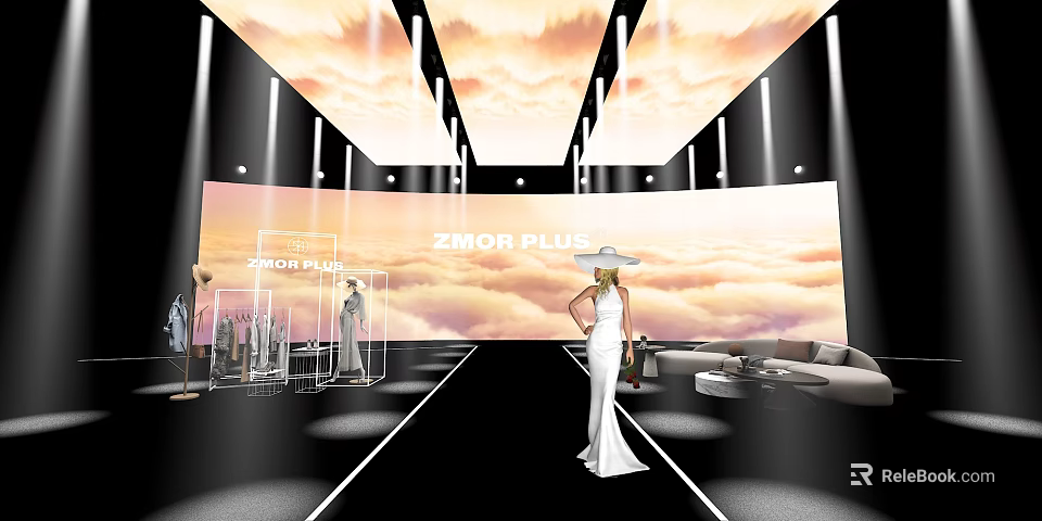 ZMOR PLUS Fashion Live Stream With Model On Runway And Cloudy Sky Backdrop 3d model 