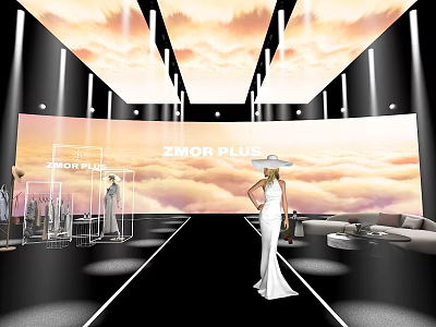 ZMOR PLUS Fashion Live Stream With Model On Runway And Cloudy Sky Backdrop 3d model