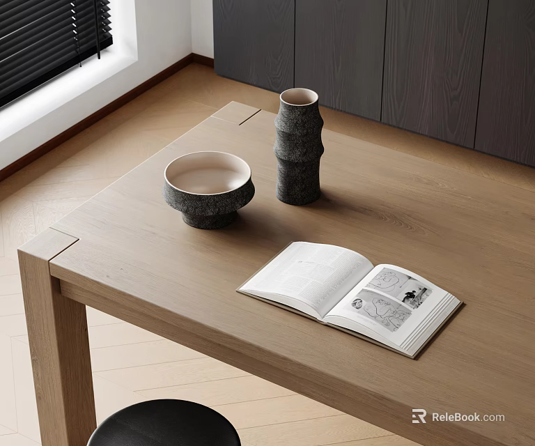 Minimalist Decorative Ornament Set With Bowl Vases And Open Book On Wooden Table 3d model 