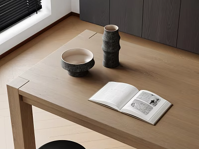 Minimalist Decorative Ornament Set With Bowl Vases And Open Book On Wooden Table 3d model