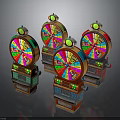 Vibrant Casino Slot Machines Featuring Colorful Spinning Wheels and Green Top Decorations on Gray Background
