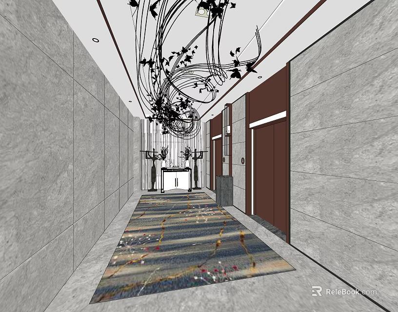 Modern Elevator Hallway With Gray Walls Patterned Carpet Artistic Chandeliers And Decorative Console Table 3d model