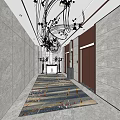Modern Elevator Hallway With Gray Walls Patterned Carpet Artistic Chandeliers And Decorative Console Table 3d model