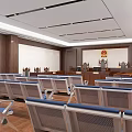 Modern Courtroom Interior With Wooden Judge Bench Counsel Tables And Blue Seats