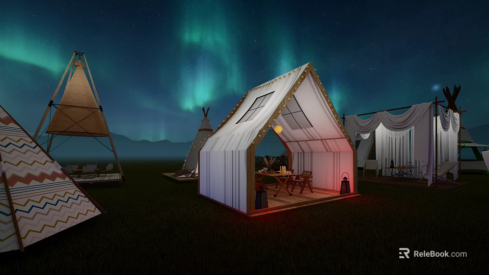 Cozy Outdoor Canopy with Table Chairs and Lighting Under Night Aurora Sky 3d model 