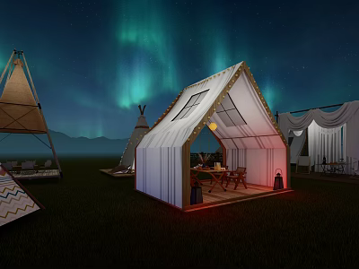 Cozy Outdoor Canopy with Table Chairs and Lighting Under Night Aurora Sky 3d model