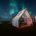 Cozy Outdoor Canopy with Table Chairs and Lighting Under Night Aurora Sky