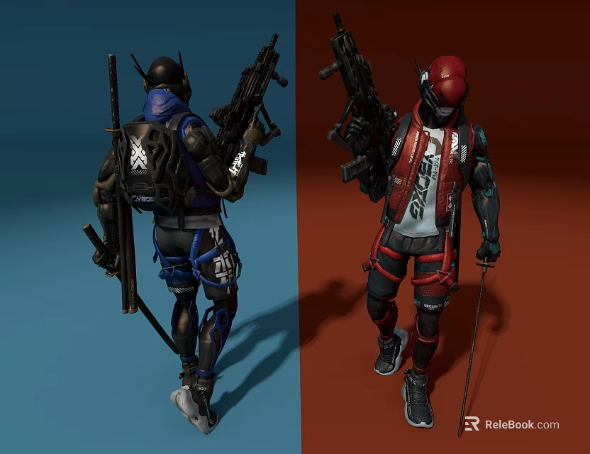 Game Movie Characters Wearing Battle Gear Holding Rifles Staff And Blue Red Outfits 3d model 