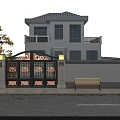 Modern Villa Black Iron Entrance Gate With Golden Decorations Lamps On Stone Pillars And Bench