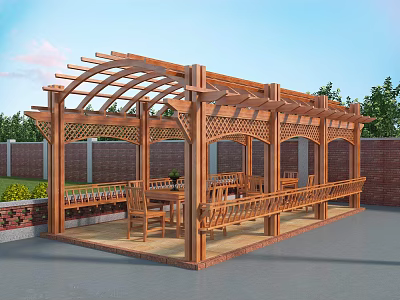 Wooden Outdoor Pergola With Arched Structure Tables Chairs Green Plants And Brick Wall 3d model