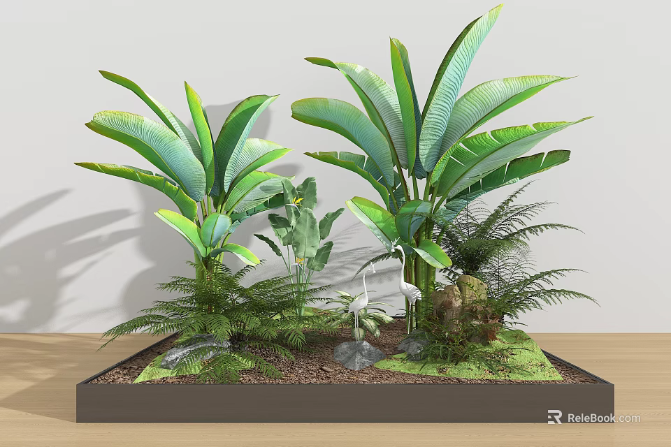 Lush Indoor Plant Combination with Large Leafy Plants Ferns and Green Foliage in Decorative Tray 3d model 