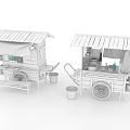Wooden Mobile Functional Cart With Thatched Roof Shelves Wheels And Buckets For Street Vending