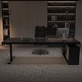 Modern Black Office Desk With Apple Computer Potted Plant Glass Notebook And City View Window