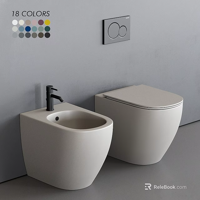 Modern White Toilet And Bidet In Sleek Bathroom Interior With Gray Wall And Black Faucet 3d model 