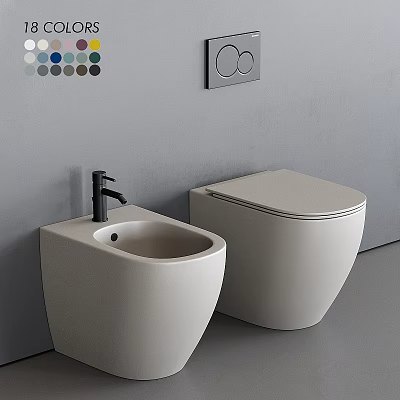 Modern White Toilet And Bidet In Sleek Bathroom Interior With Gray Wall And Black Faucet 3d model