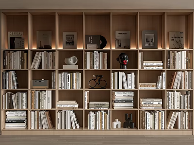 Modern Wooden Bookcase With Stacked Books Decorative Objects Framed Prints And Vinyl Records 3d model