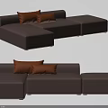 Modern Brown Leather L Shaped Sectional Sofa With Orange Decorative Pillows