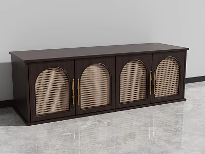 Dark Brown TV Stand with Four Arched Doors and Woven Panels Golden Handles 3d model