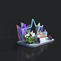 Colorful Display Stand With Eggs On Stepped Platform White Flowers Red Gifts And Geometric Decor