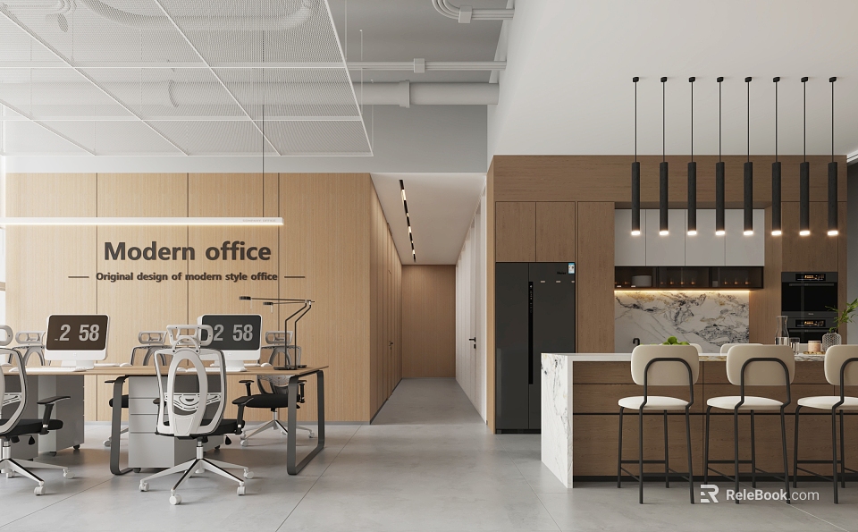 Modern Public Office Space Design With Desks Computers Wooden Walls Hanging Lights And Open Layout 3d model 